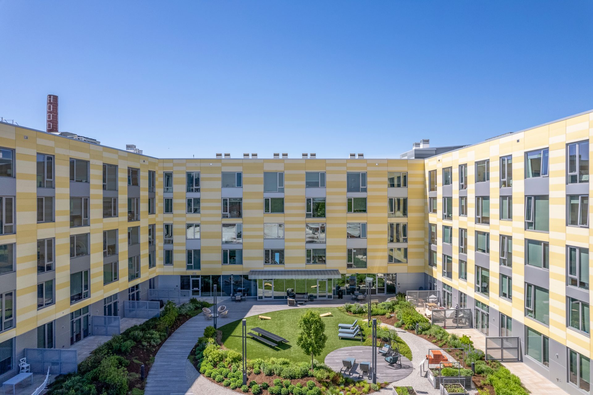 High angle view of The Harvey building courtyard